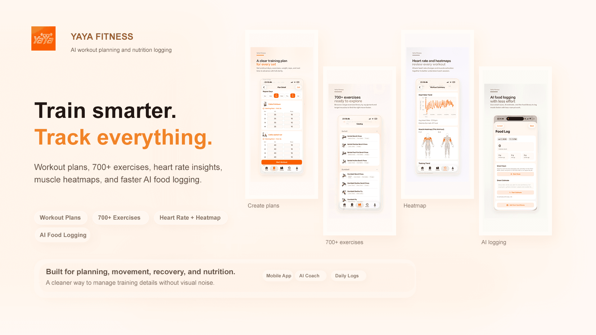 YaYaFitness introduction graphic with weekly schedule, plan builder, and workout analytics.